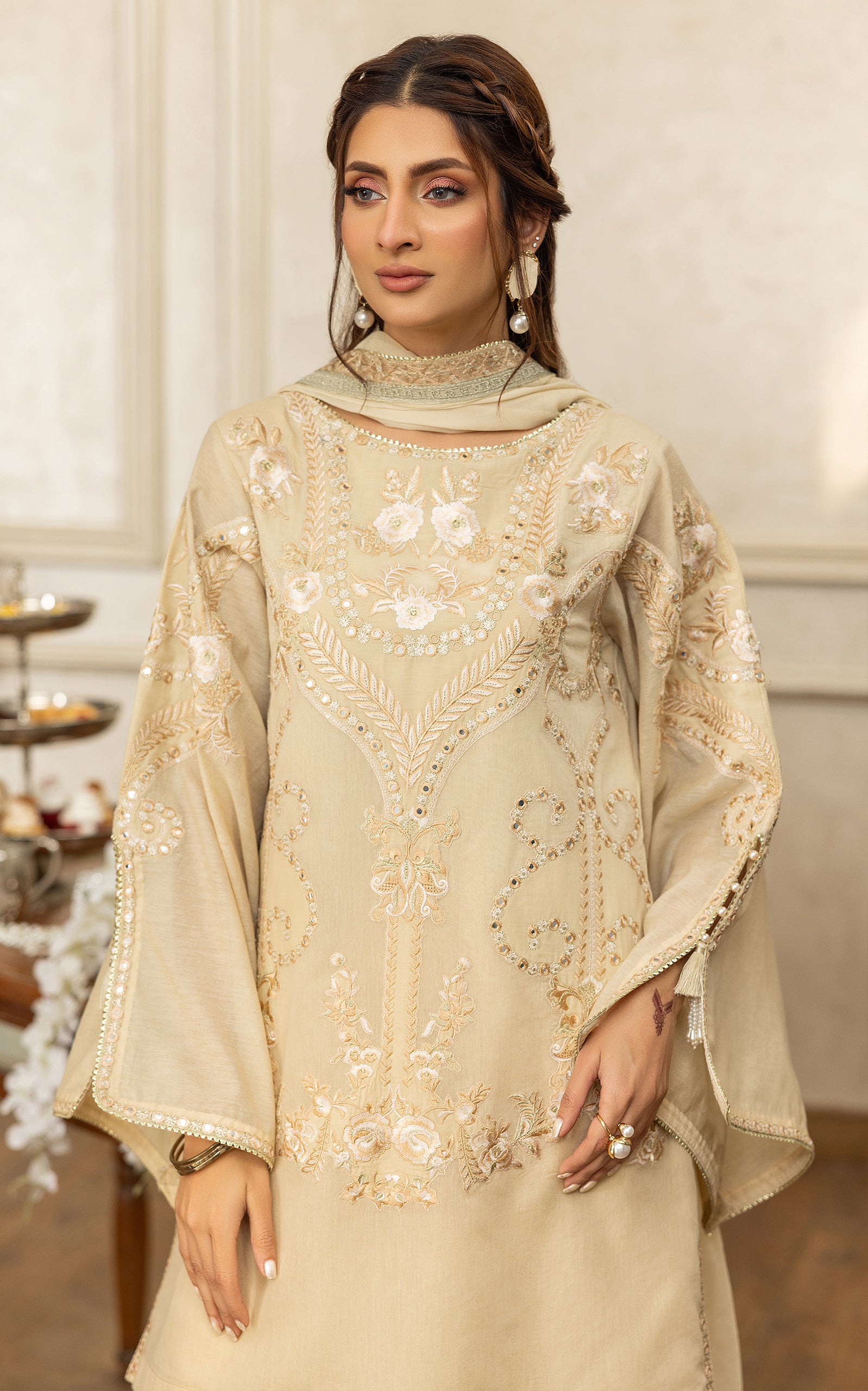 Pakistani Champagne Embroidered Chanderi Gharara Set (3-Piece) - Image 5