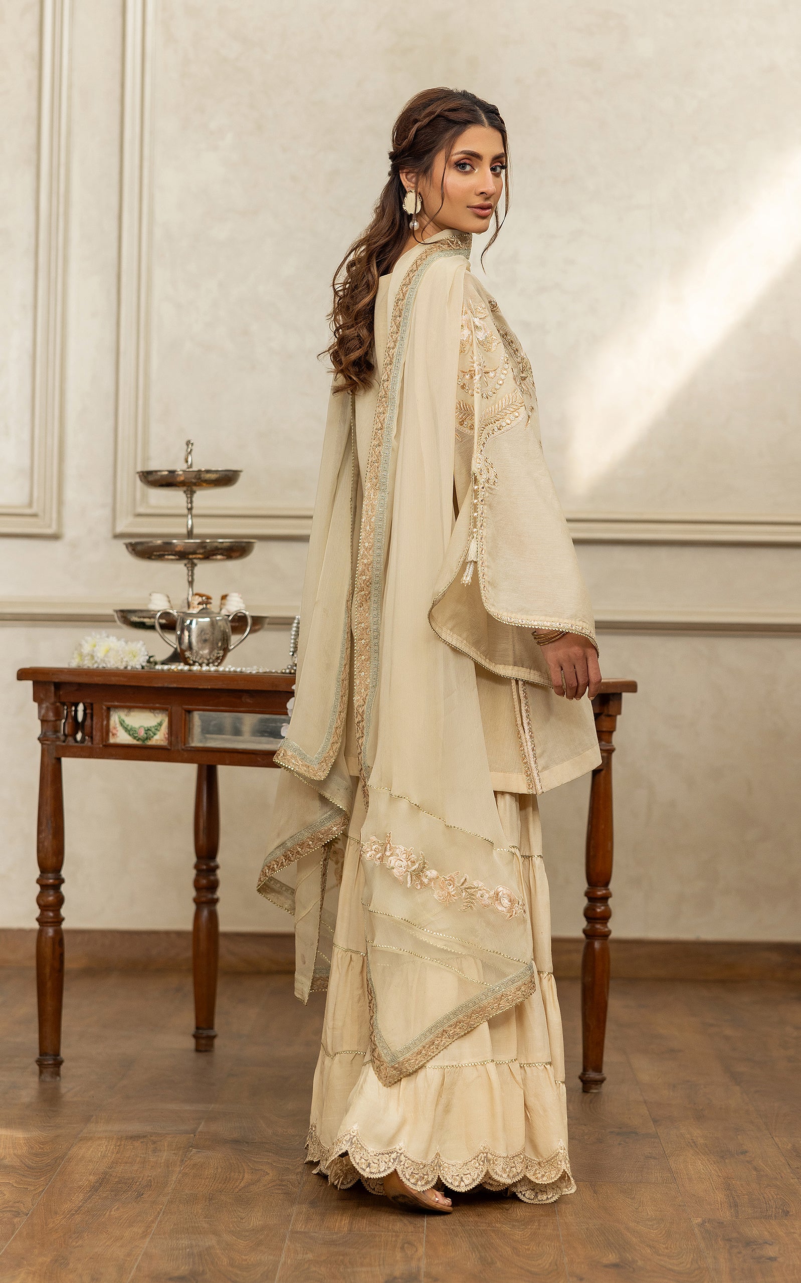 Pakistani Champagne Embroidered Chanderi Gharara Set (3-Piece) - Image 6