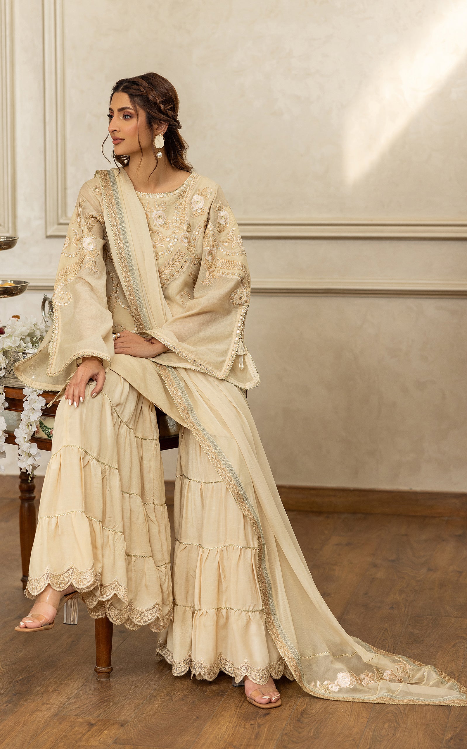 Pakistani Champagne Embroidered Chanderi Gharara Set (3-Piece) - Image 7