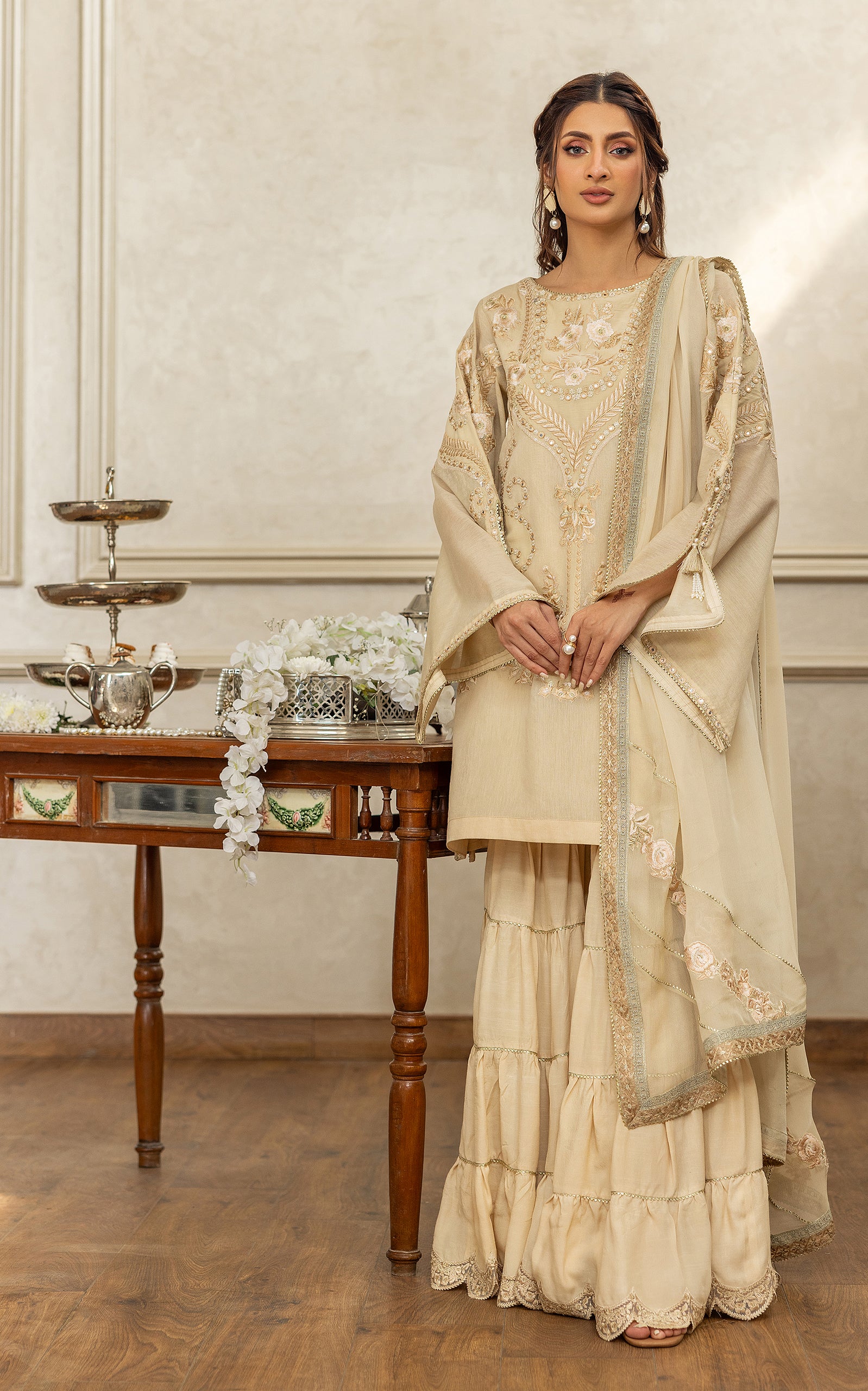 Pakistani Champagne Embroidered Chanderi Gharara Set (3-Piece) - Image 8