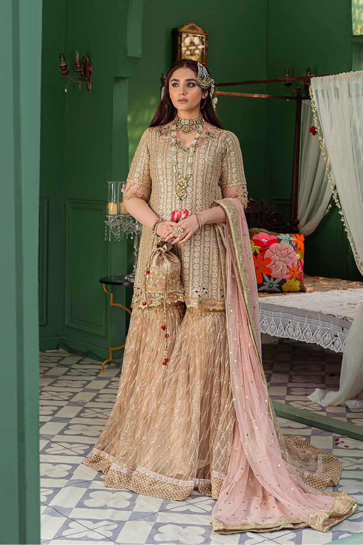 Pakistani Gold Embellished Chiffon & Net Gharara (3-Piece) - Image 1