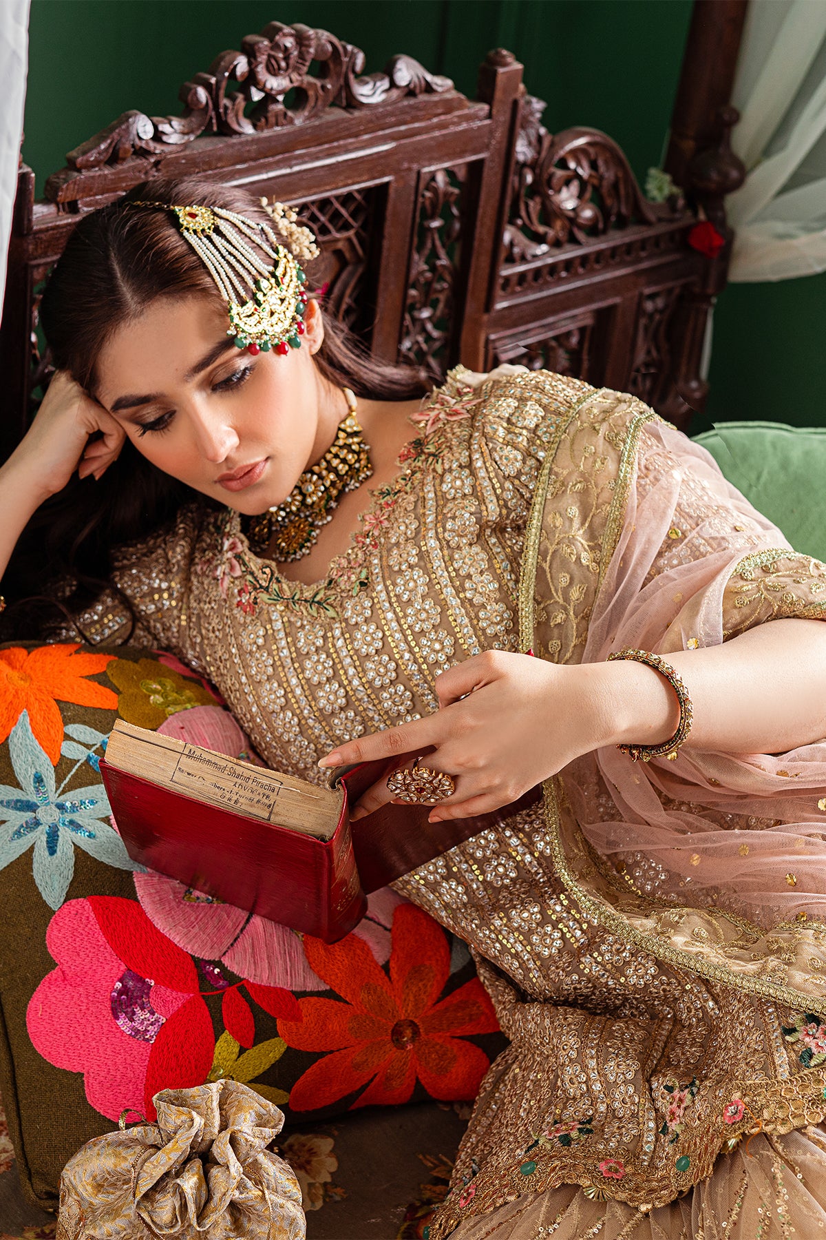 Pakistani Gold Embellished Chiffon & Net Gharara (3-Piece) - Image 3