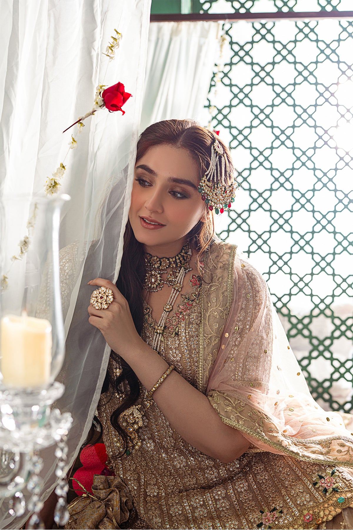 Pakistani Gold Embellished Chiffon & Net Gharara (3-Piece) - Image 4