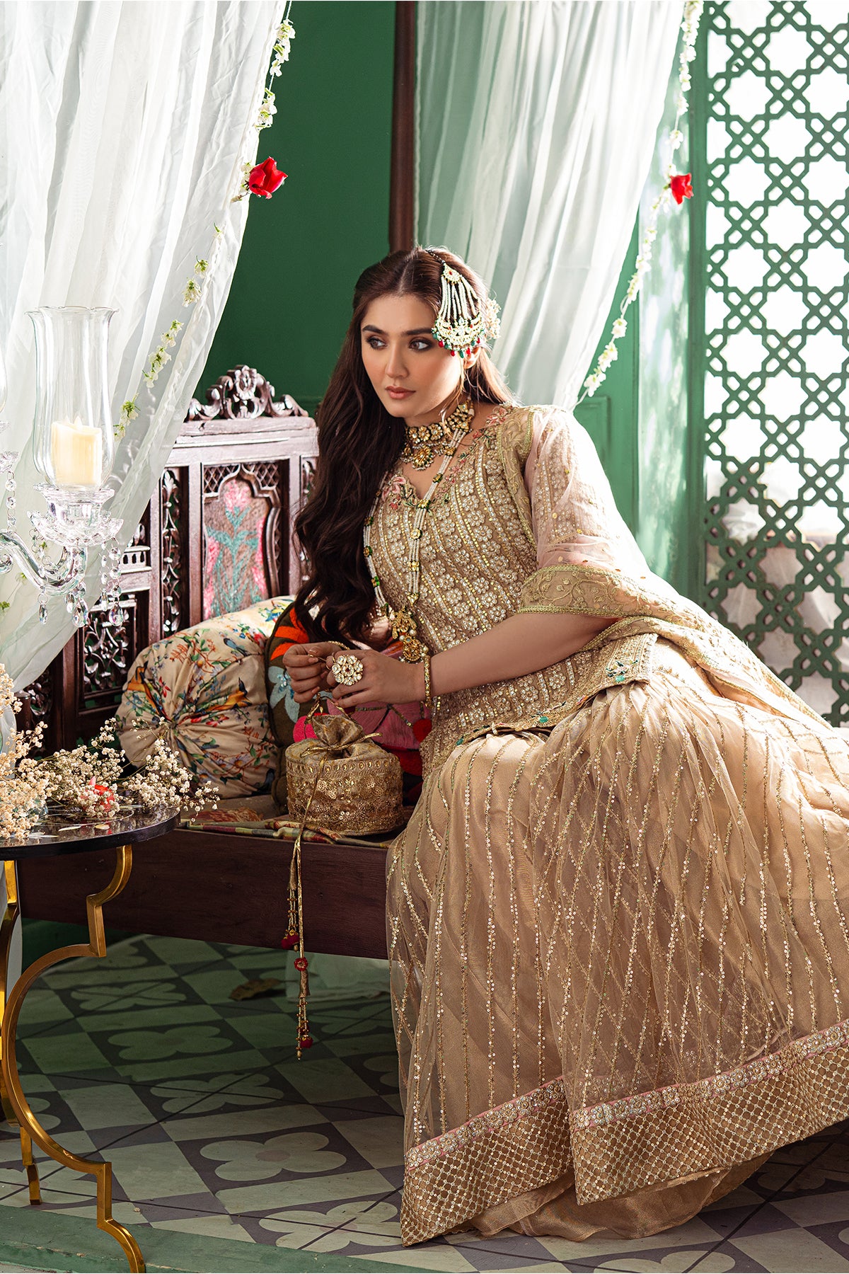 Pakistani Gold Embellished Chiffon & Net Gharara (3-Piece) - Image 5