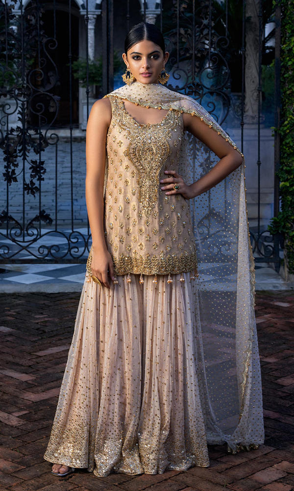 Pakistani Gold Embellished Self Cotton Net Gharara (3-Piece) - Image 2