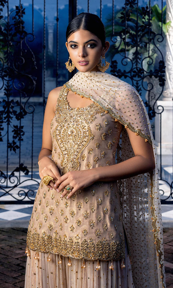 Pakistani Gold Embellished Self Cotton Net Gharara (3-Piece) - Image 3
