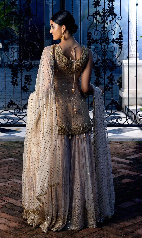 Pakistani Gold Embellished Self Cotton Net Gharara (3-Piece) - Image 4