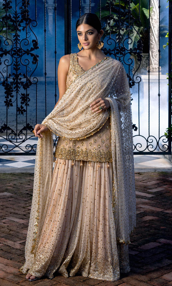 Pakistani Gold Embellished Self Cotton Net Gharara (3-Piece) - Image 5