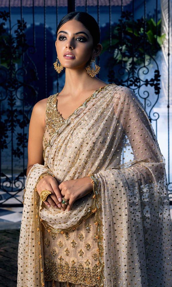 Pakistani Gold Embellished Self Cotton Net Gharara (3-Piece) - Image 6