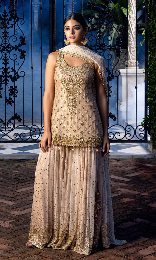 Pakistani Gold Embellished Self Cotton Net Gharara (3-Piece) - Image 7