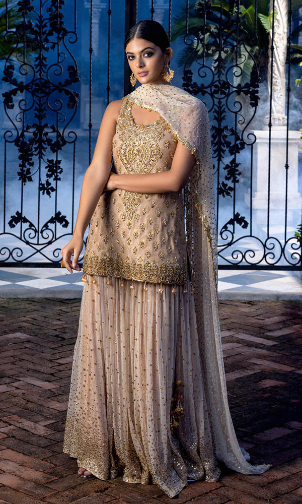 Pakistani Gold Embellished Self Cotton Net Gharara (3-Piece) - Image 8
