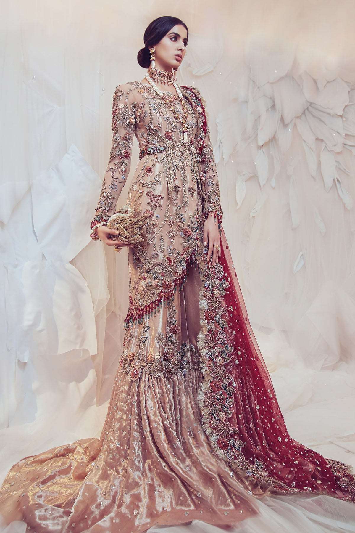 Rose Gold Embellished Gauze Farshi Gharara (3-Piece) - Image 2