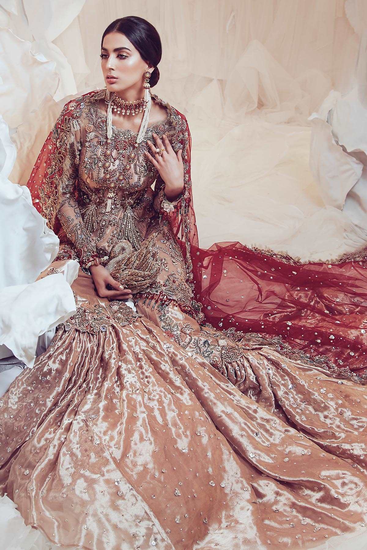 Rose Gold Embellished Gauze Farshi Gharara (3-Piece) - Image 3