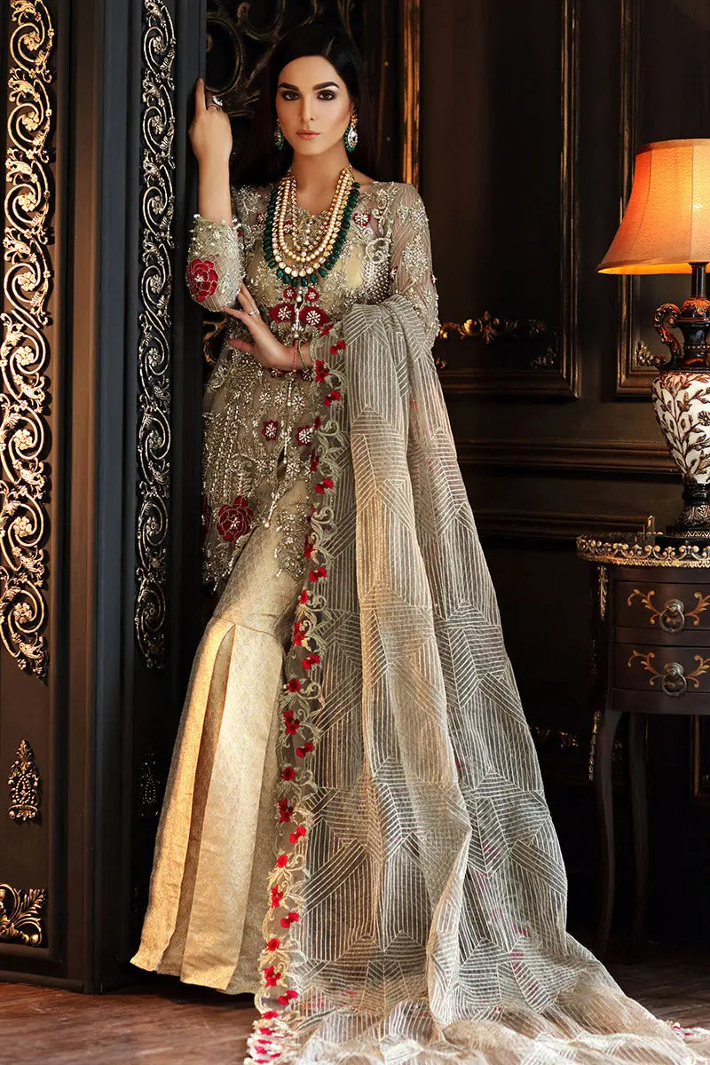 Pakistani Gold Embellished Jamawar Gharara Set (3-Piece) - Image 2