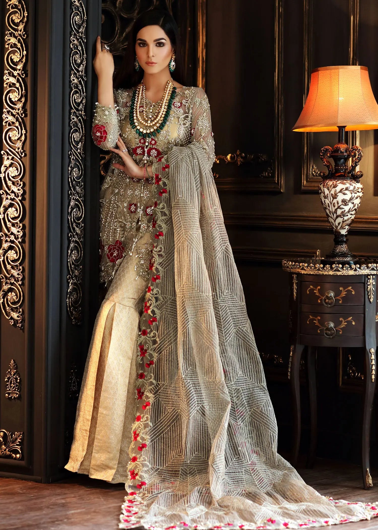 Pakistani Gold Embellished Jamawar Gharara Set (3-Piece) - Image 6