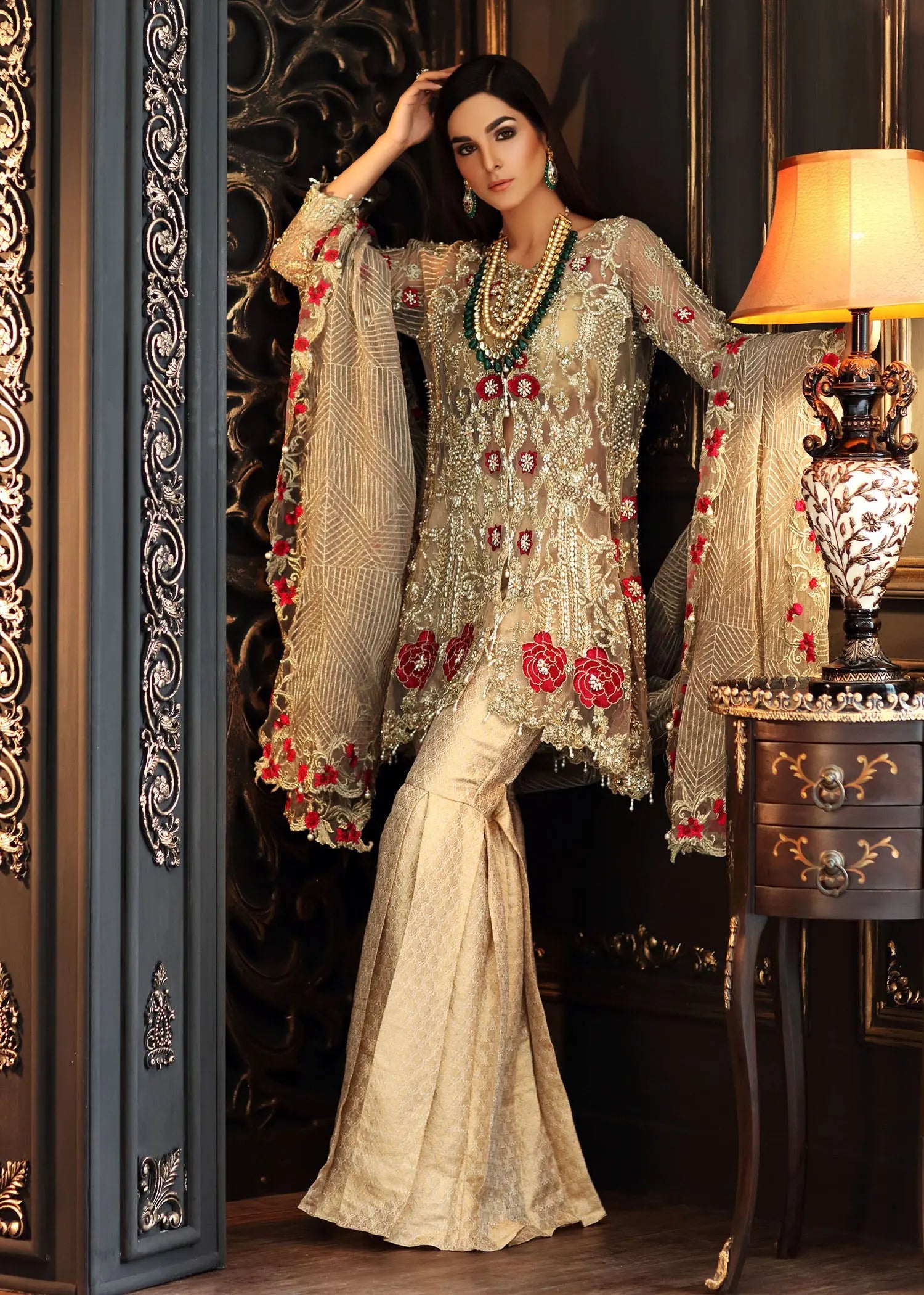 Pakistani Gold Embellished Jamawar Gharara Set (3-Piece) - Image 7