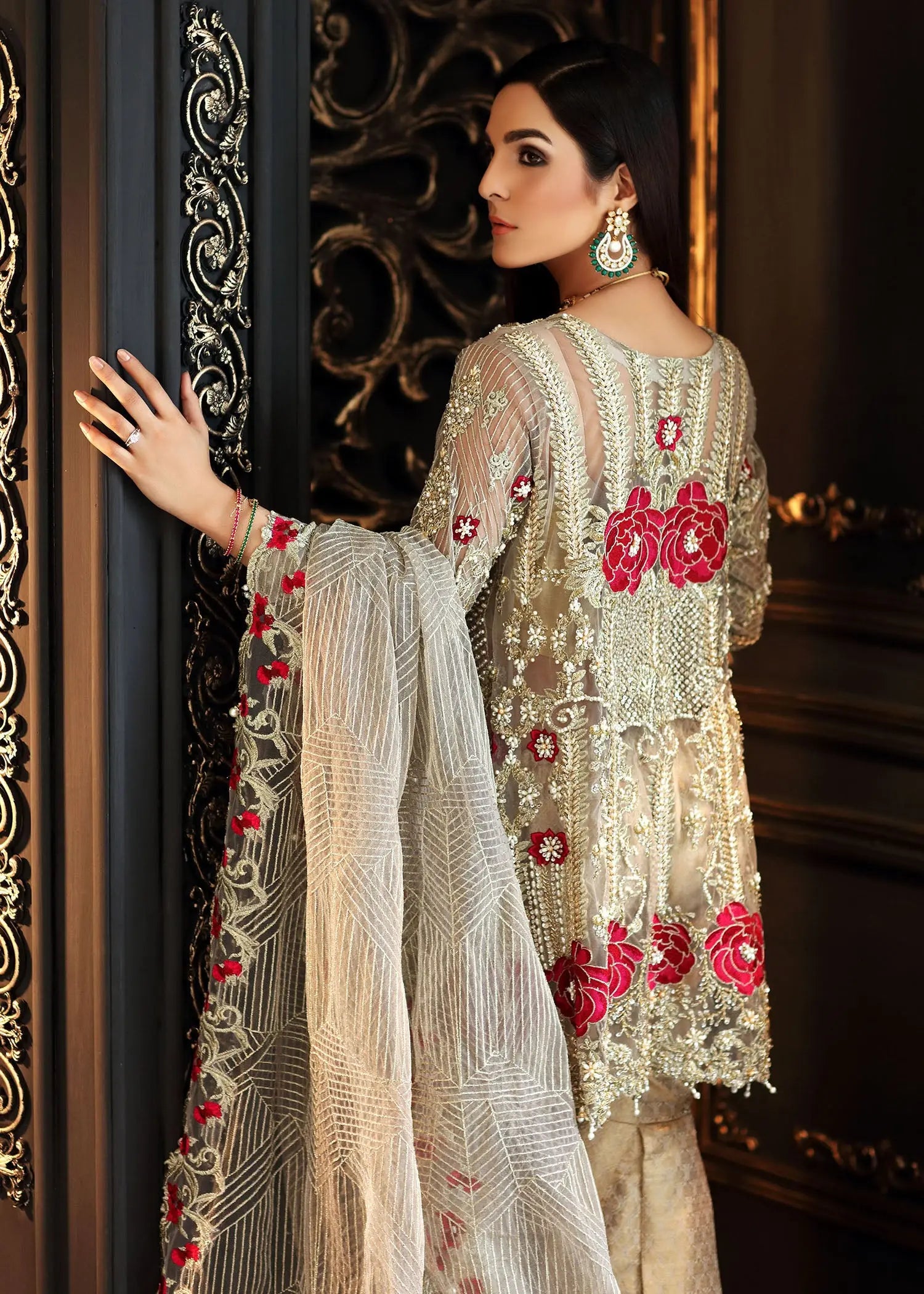 Pakistani Gold Embellished Jamawar Gharara Set (3-Piece) - Image 9