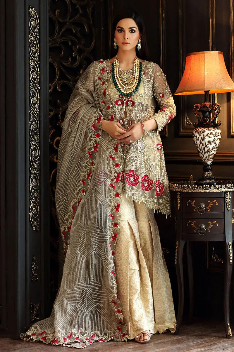 Gold Embellished Net Peplum with Jamawar Gharara (3-Piece) - Image 1