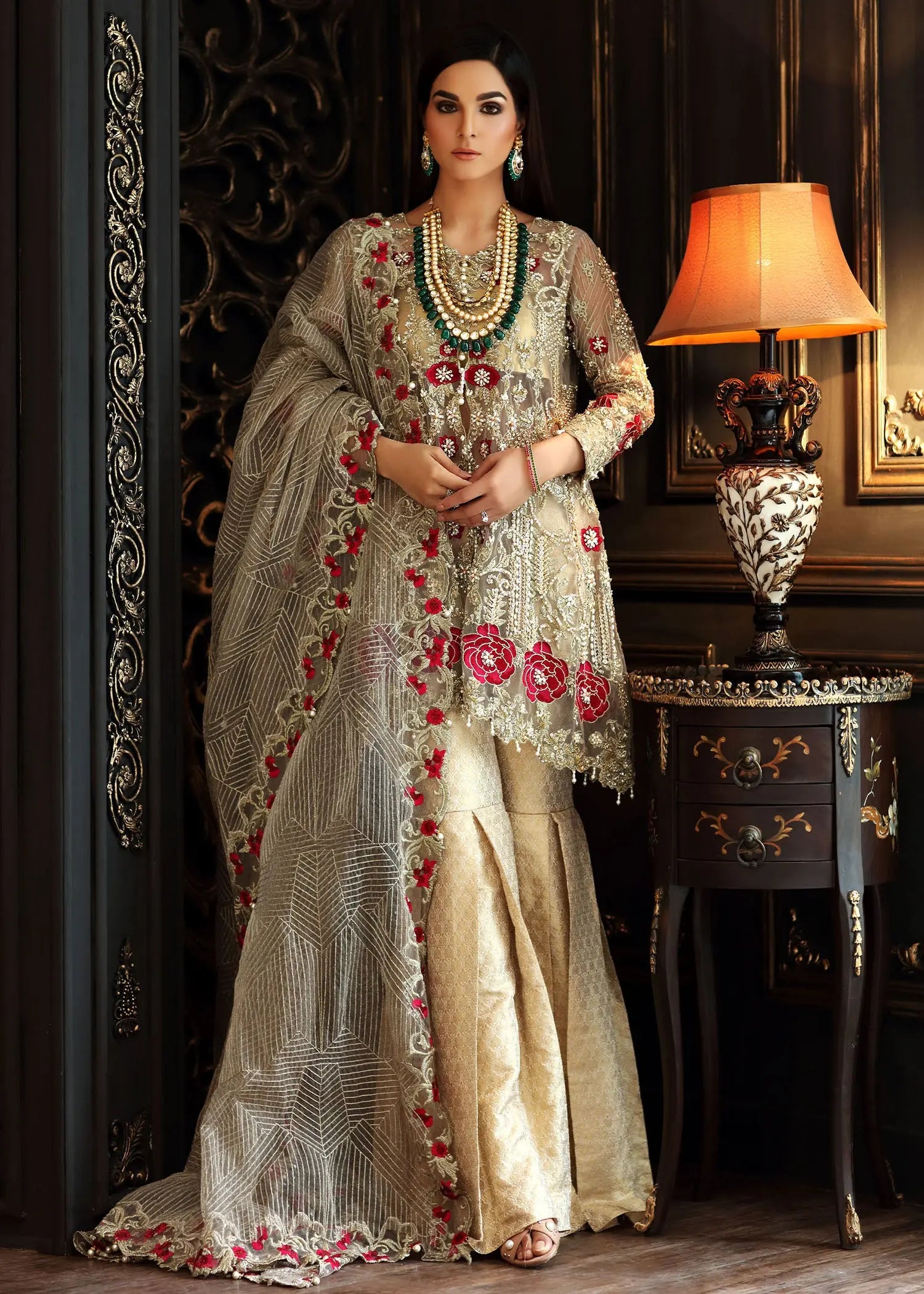 Gold Embellished Net Peplum with Jamawar Gharara (3-Piece) - Image 10