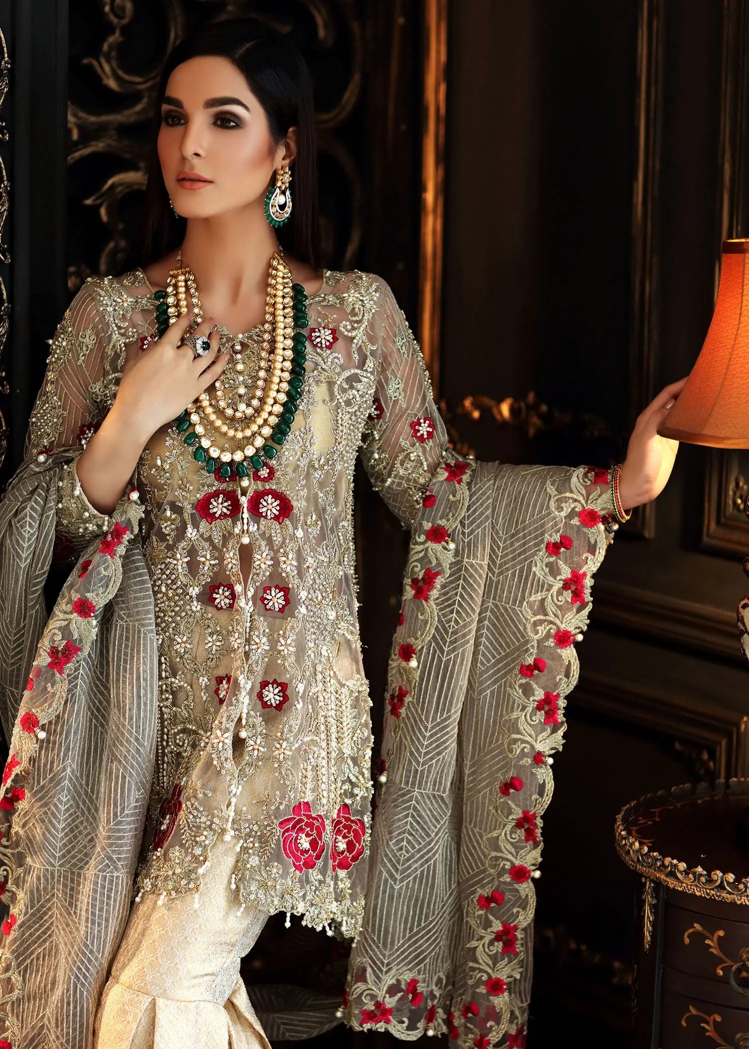 Gold Embellished Net Peplum with Jamawar Gharara (3-Piece) - Image 2