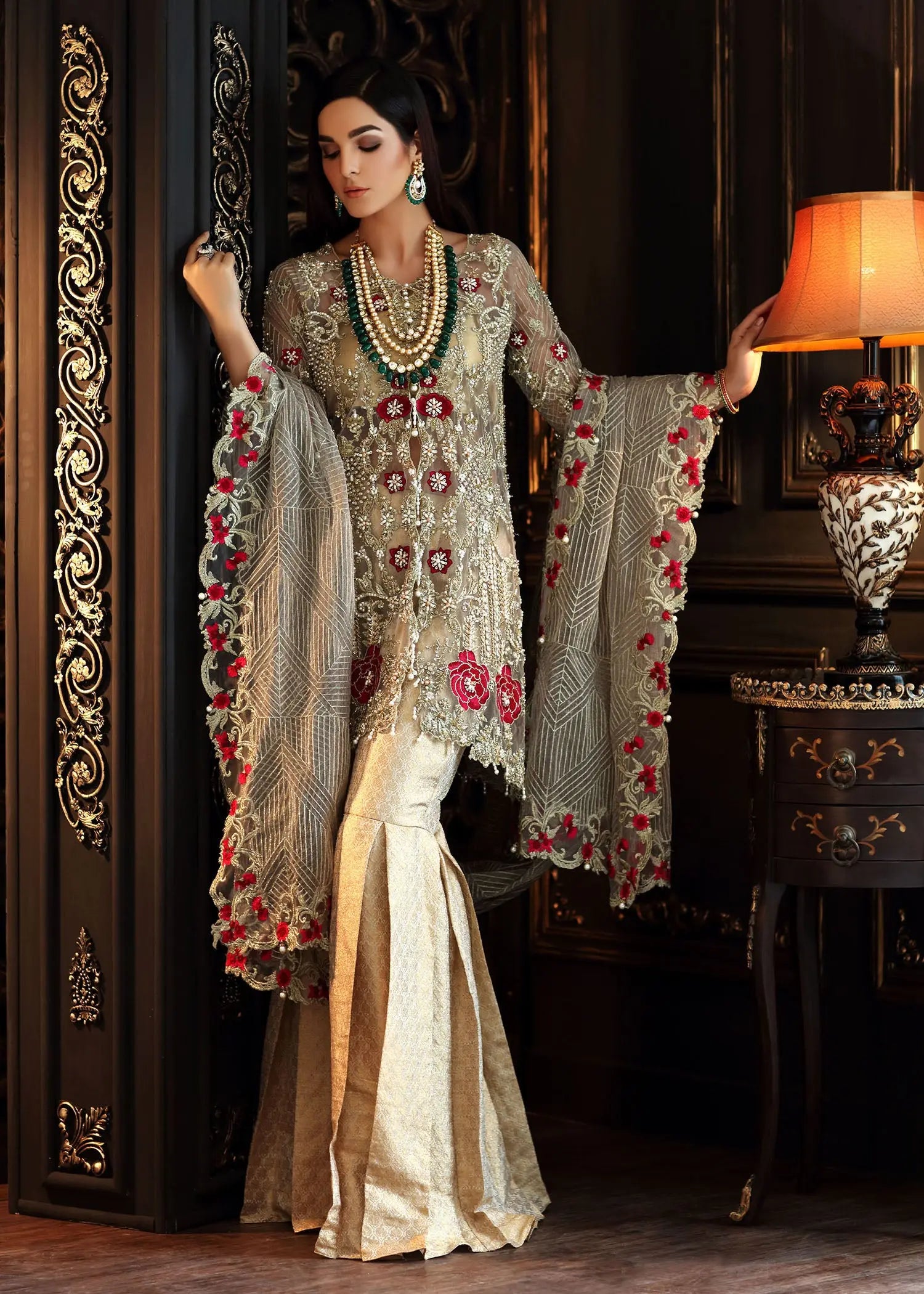 Gold Embellished Net Peplum with Jamawar Gharara (3-Piece) - Image 6