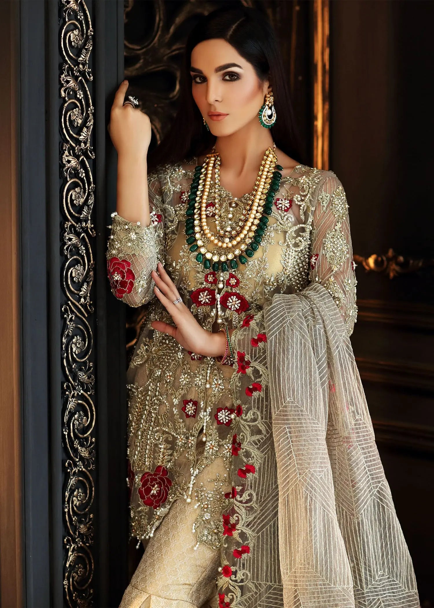 Gold Embellished Net Peplum with Jamawar Gharara (3-Piece) - Image 8