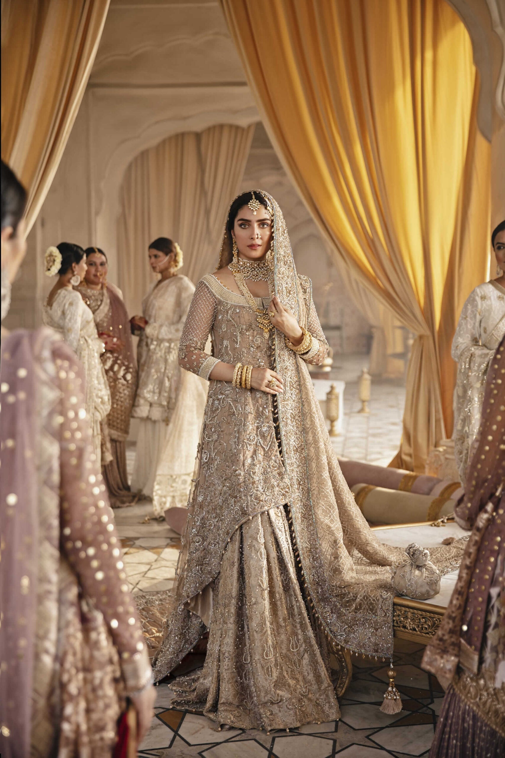 Pakistani Rose Gold Embellished Net Trail Gown (3-Piece) - Image 1