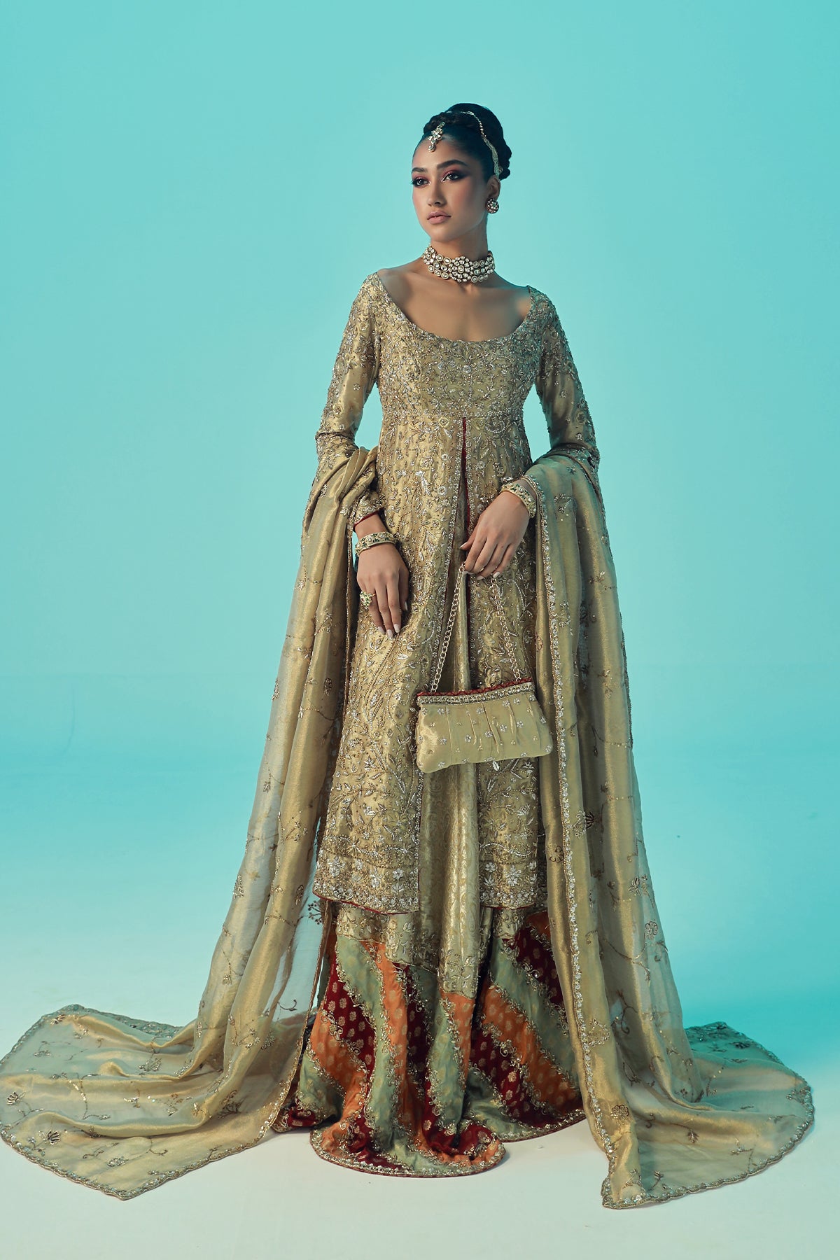 Gold Ganga Jamni Tissue Jamawar Gharara (3-Piece) - Image 1