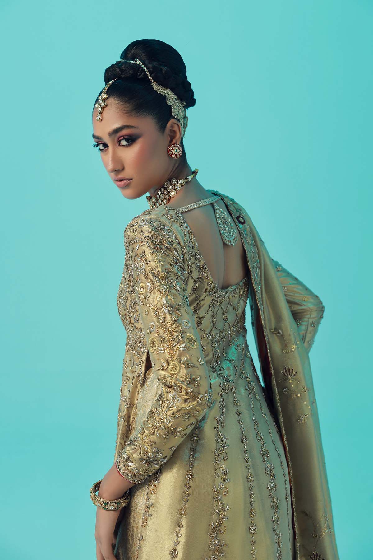 Gold Ganga Jamni Tissue Jamawar Gharara (3-Piece) - Image 2