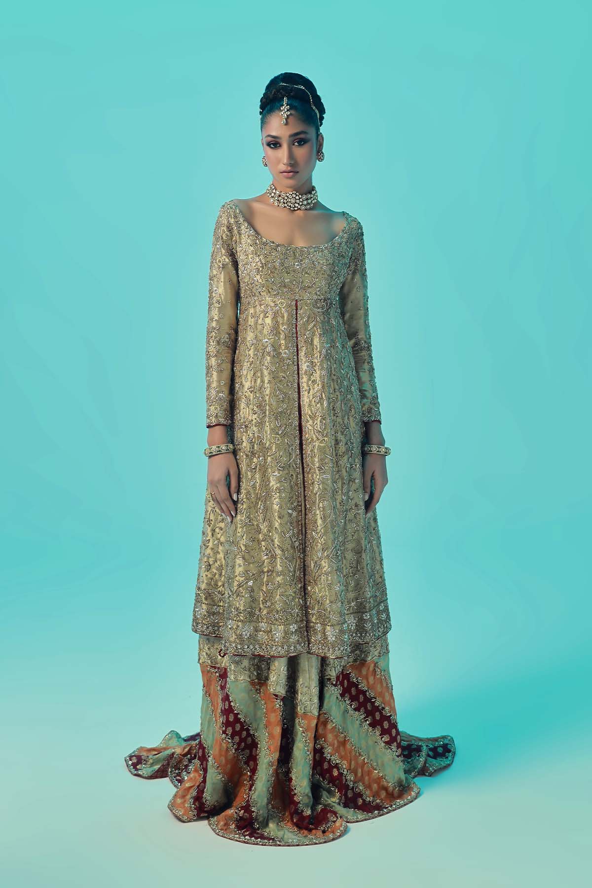 Gold Ganga Jamni Tissue Jamawar Gharara (3-Piece) - Image 3