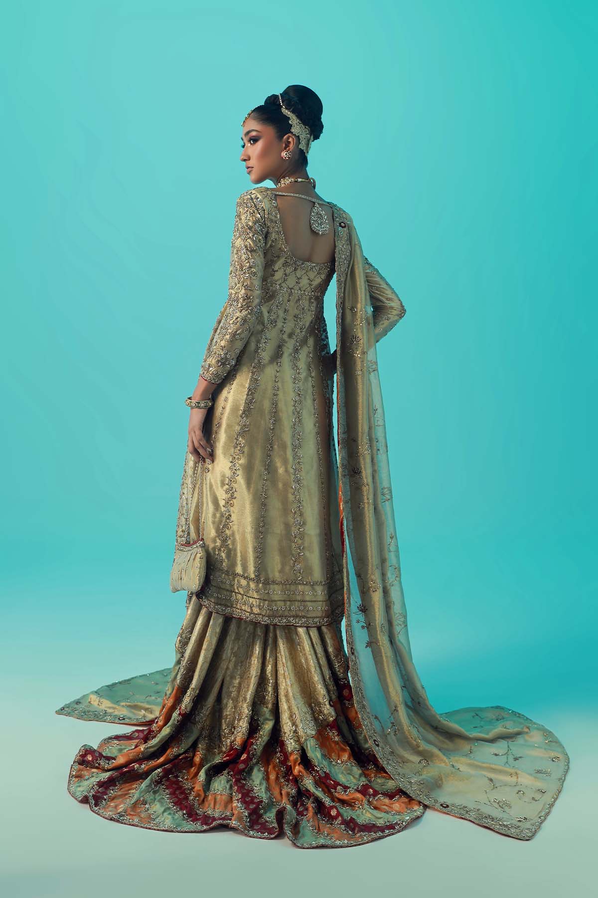 Gold Ganga Jamni Tissue Jamawar Gharara (3-Piece) - Image 4