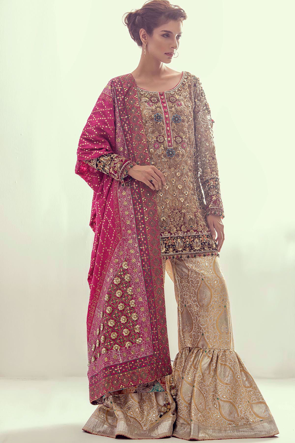 Antique Gold & Emerald Zardozi Jamawar Gharara (3-Piece) - Image 1