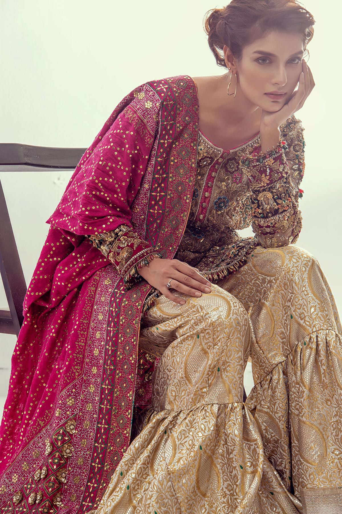 Antique Gold & Emerald Zardozi Jamawar Gharara (3-Piece) - Image 2