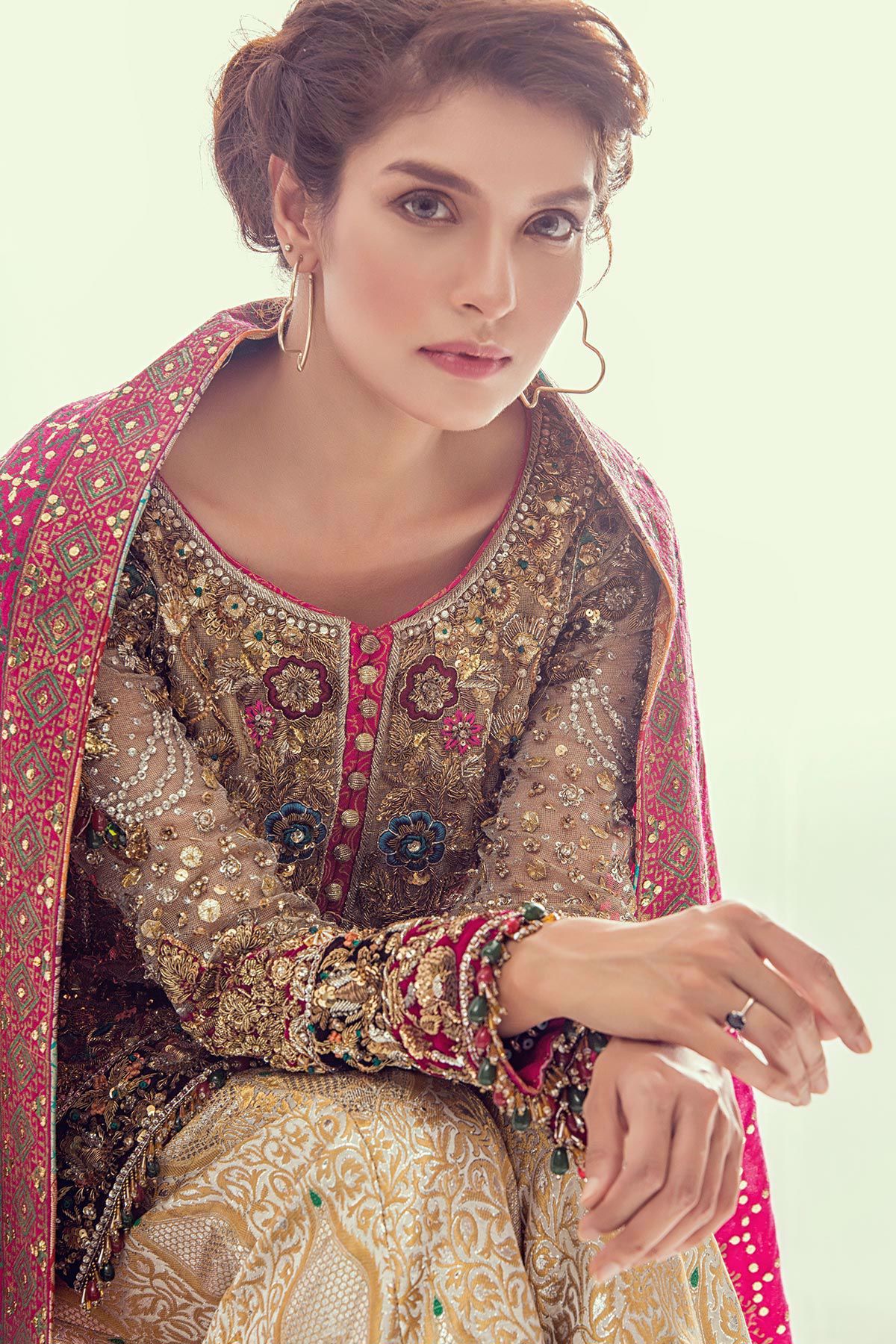 Antique Gold & Emerald Zardozi Jamawar Gharara (3-Piece) - Image 3