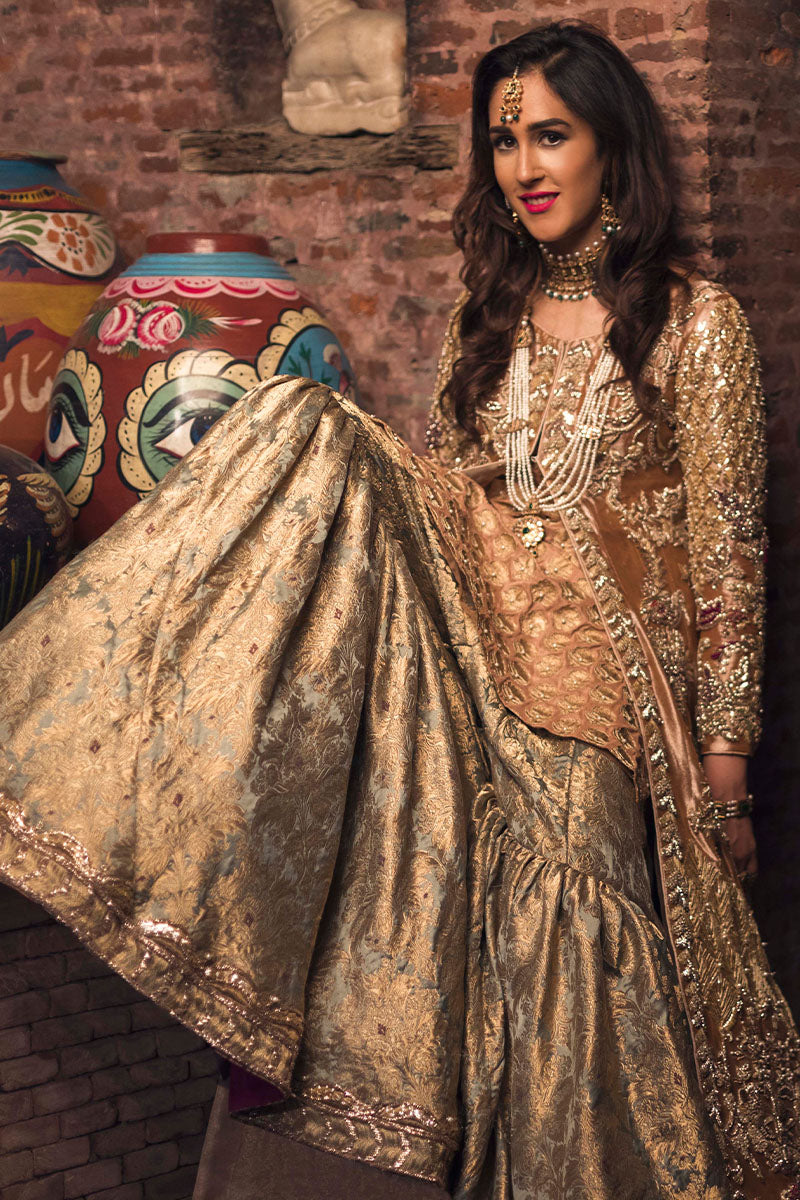 Pakistani Paprika Gold Embellished Tissue & Kamkhab Bridal Gharara (5-Piece) - Image 5