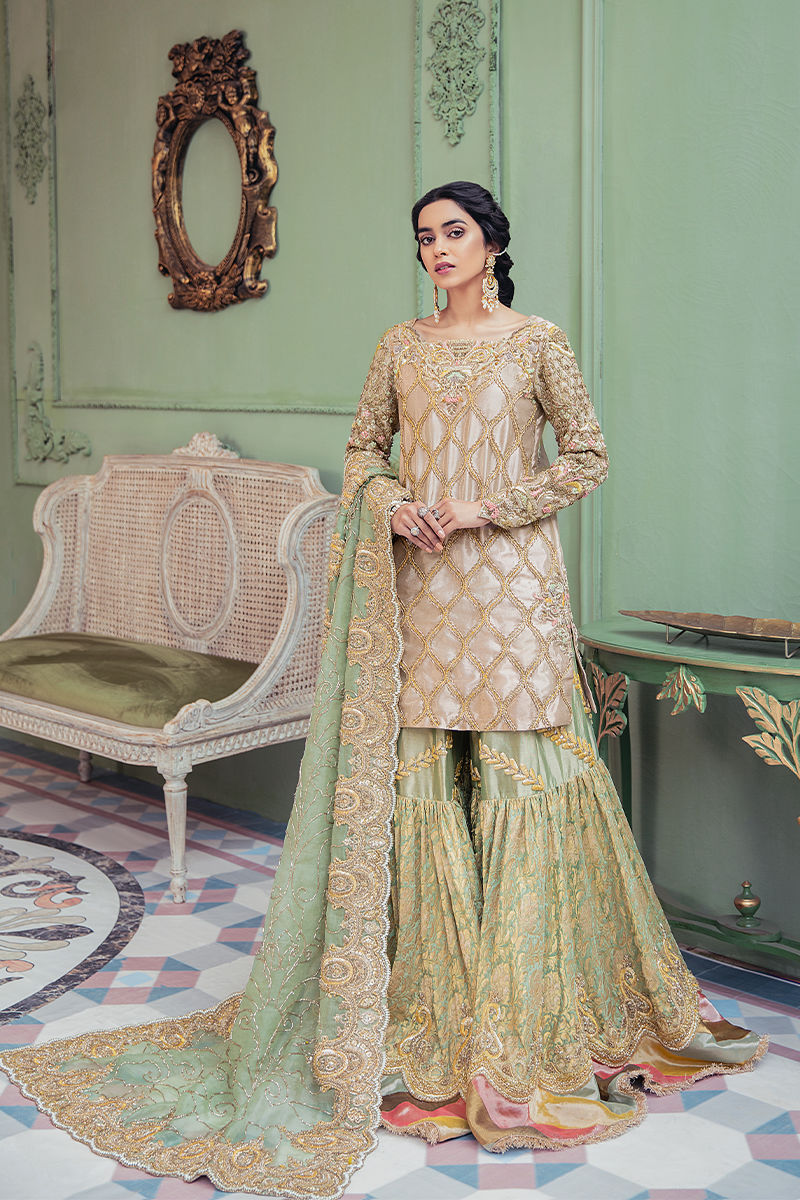 Gold Embellished Tissue & Kamkhab Gharara (3-Piece) - Image 1