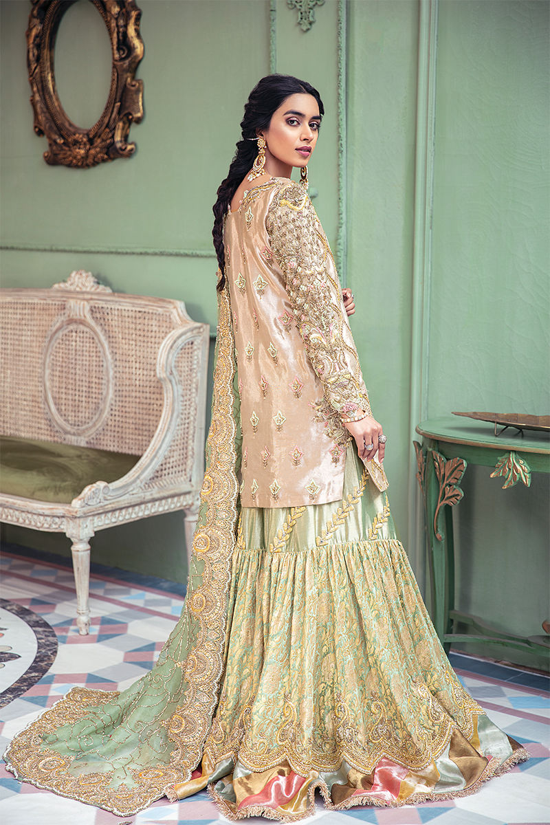 Gold Embellished Tissue & Kamkhab Gharara (3-Piece) - Image 2