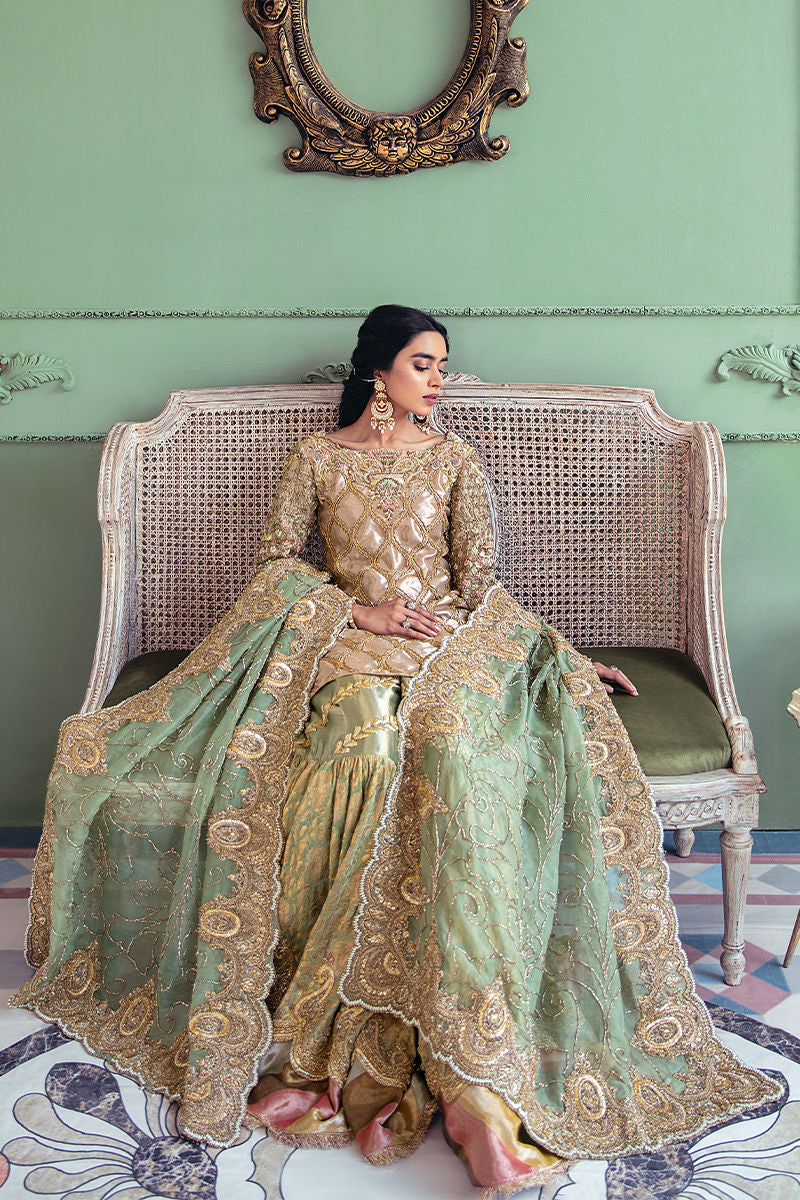 Gold Embellished Tissue & Kamkhab Gharara (3-Piece) - Image 3