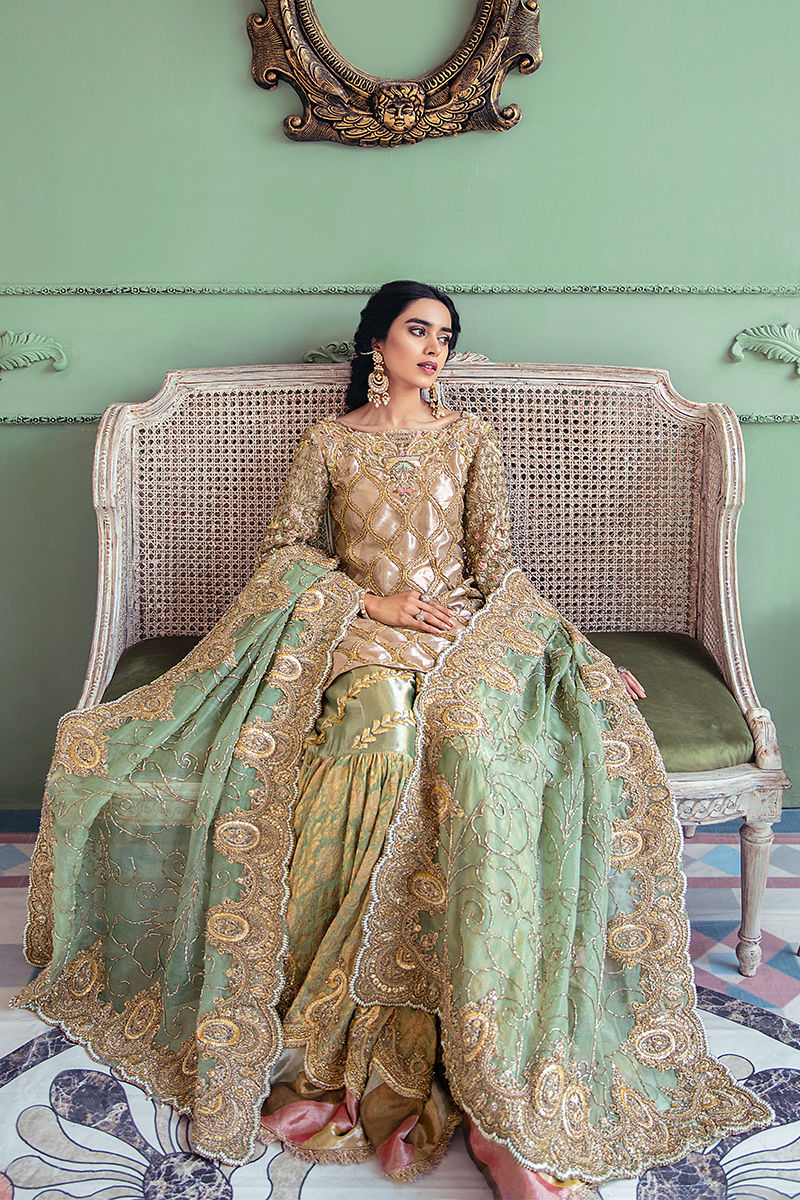 Gold Embellished Tissue & Kamkhab Gharara (3-Piece) - Image 4