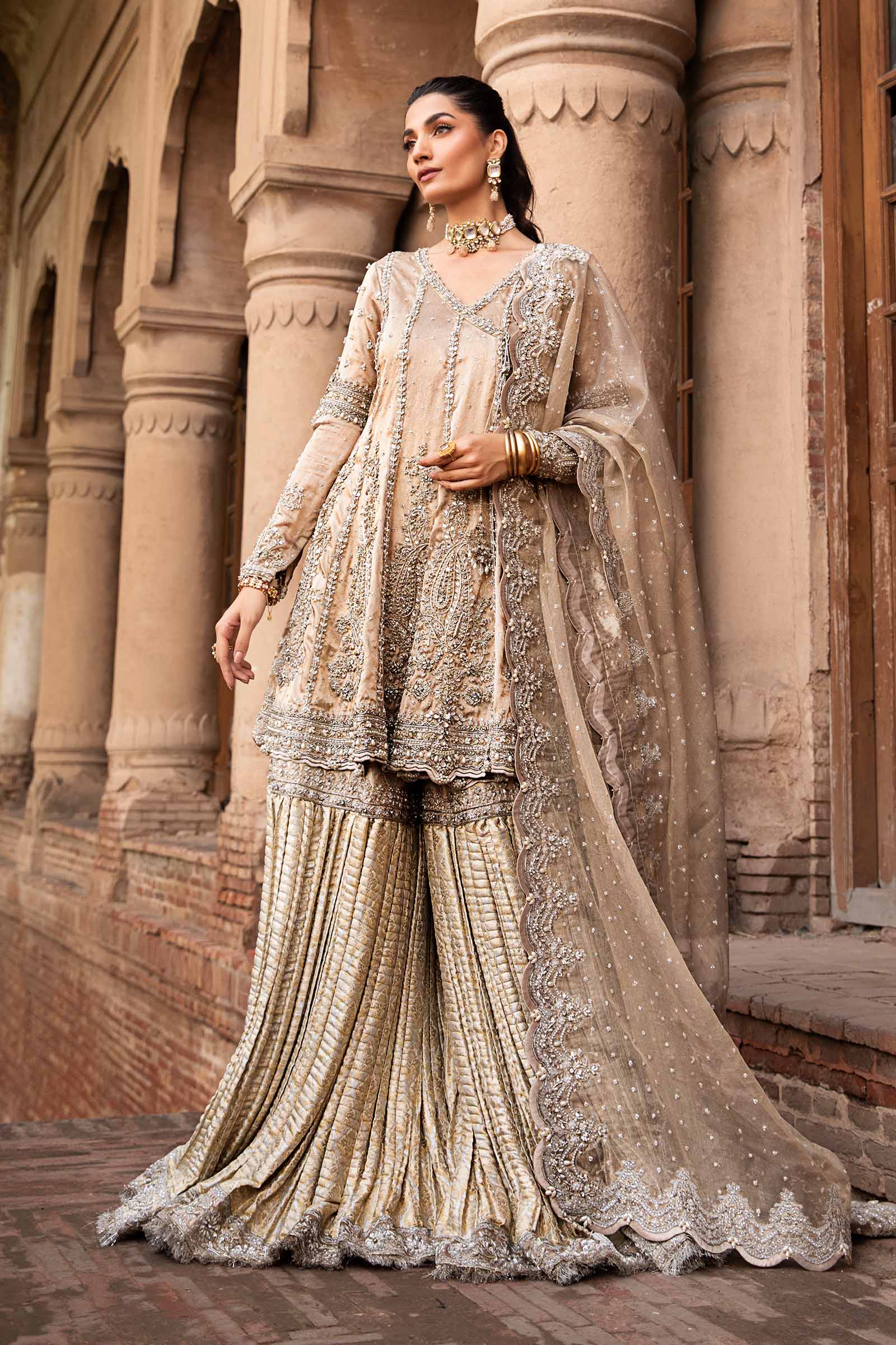 Dull Gold Embellished Self Tissue Angrakha Gharara (3-Piece) - Image 1