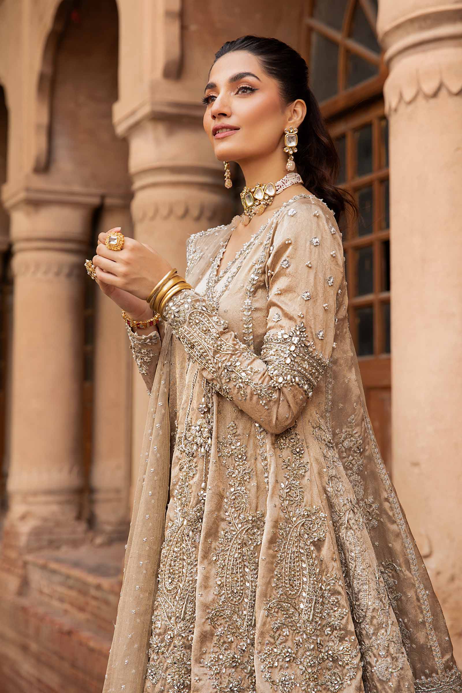 Dull Gold Embellished Self Tissue Angrakha Gharara (3-Piece) - Image 2