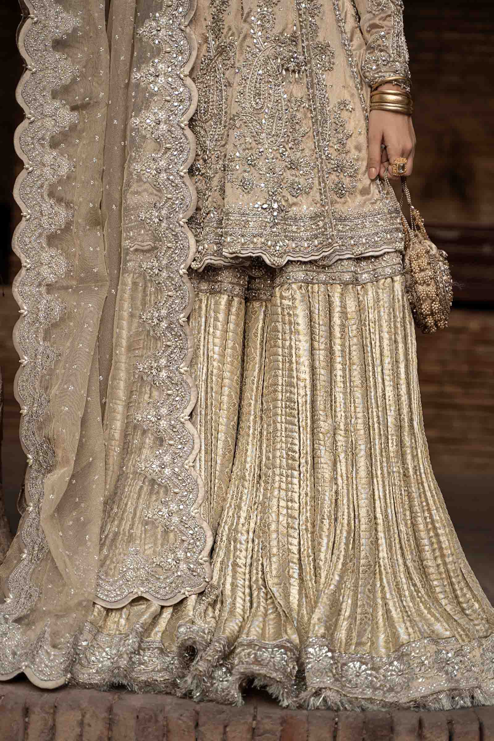 Dull Gold Embellished Self Tissue Angrakha Gharara (3-Piece) - Image 6