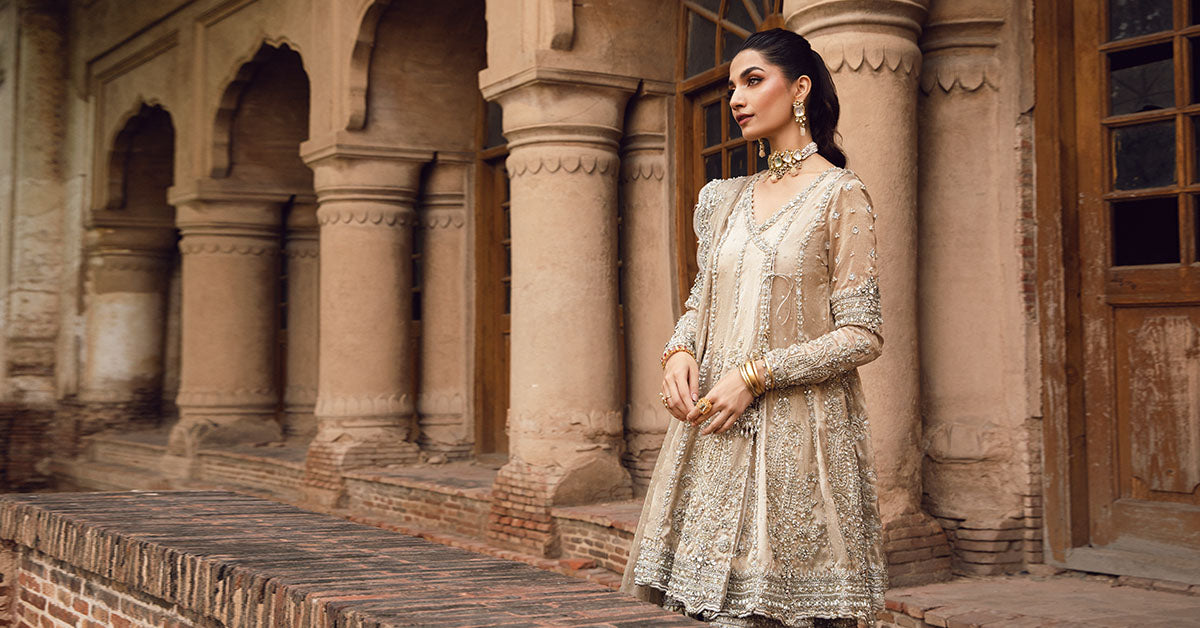 Dull Gold Embellished Self Tissue Angrakha Gharara (3-Piece) - Image 8