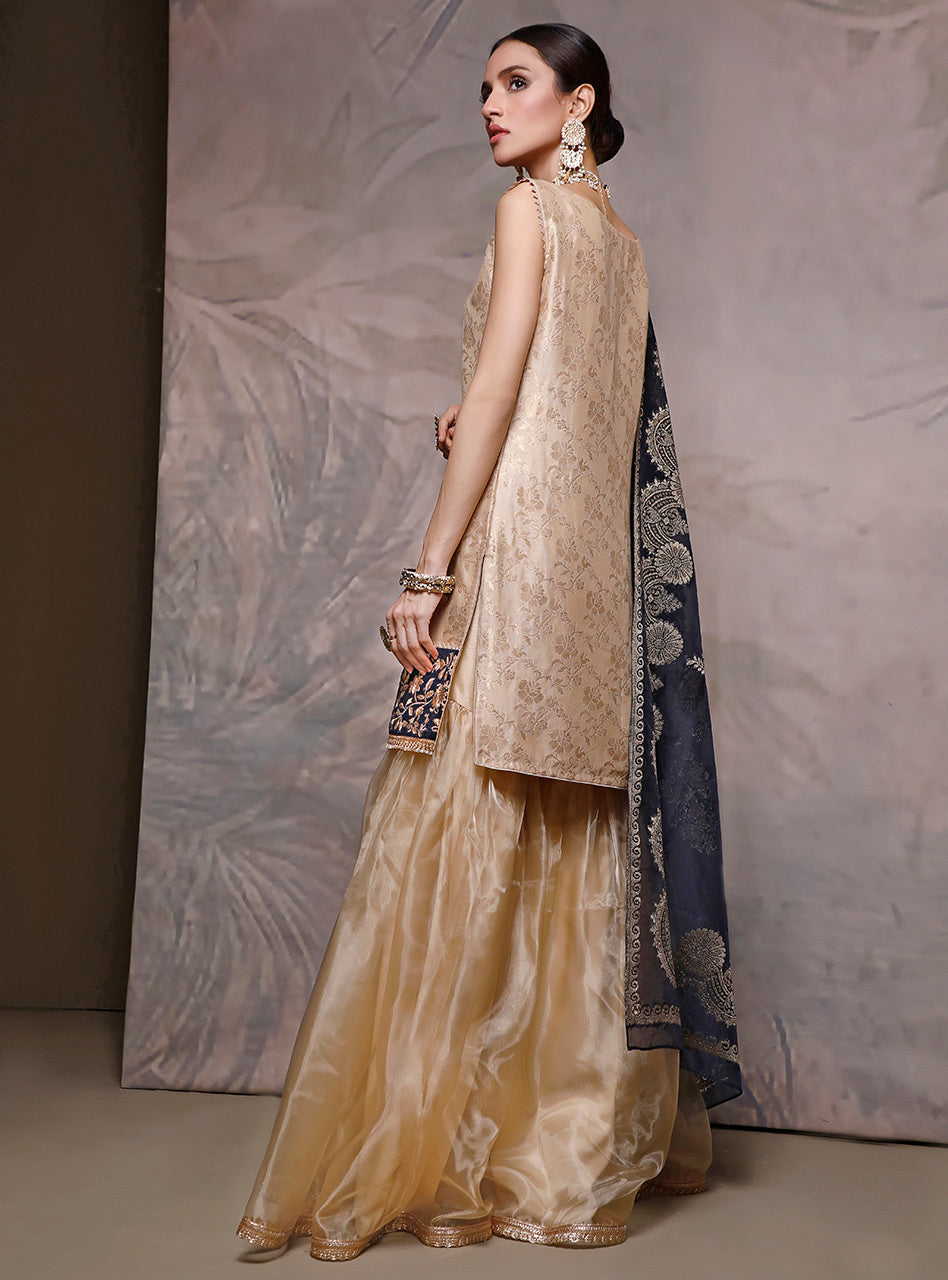 Gold Embroidered Khaadi Cotton & Organza Gharara (3-Piece) - Image 3