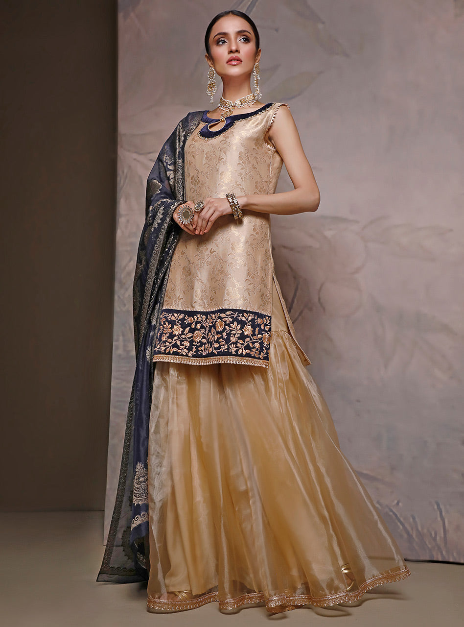 Gold Embroidered Khaadi Cotton Gharara (3-Piece) - Image 1