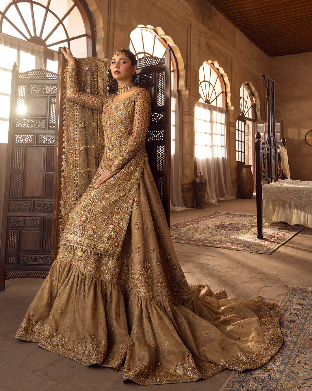 Gold Zardozi Khaadi Net Farshi Gharara (3-Piece) - Image 1