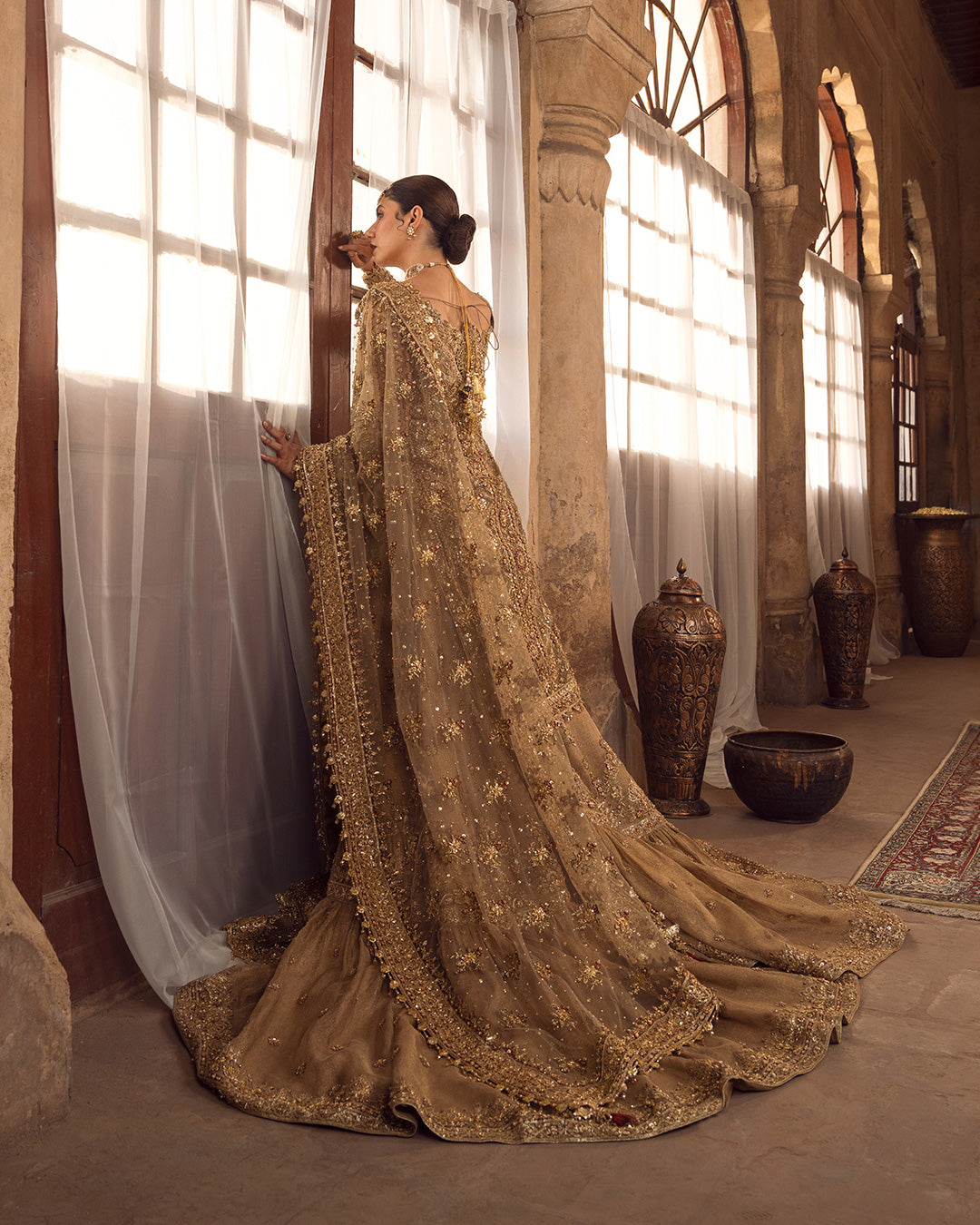 Gold Hand-Embellished Khaadi Net Gharara (3-Piece) - Image 4