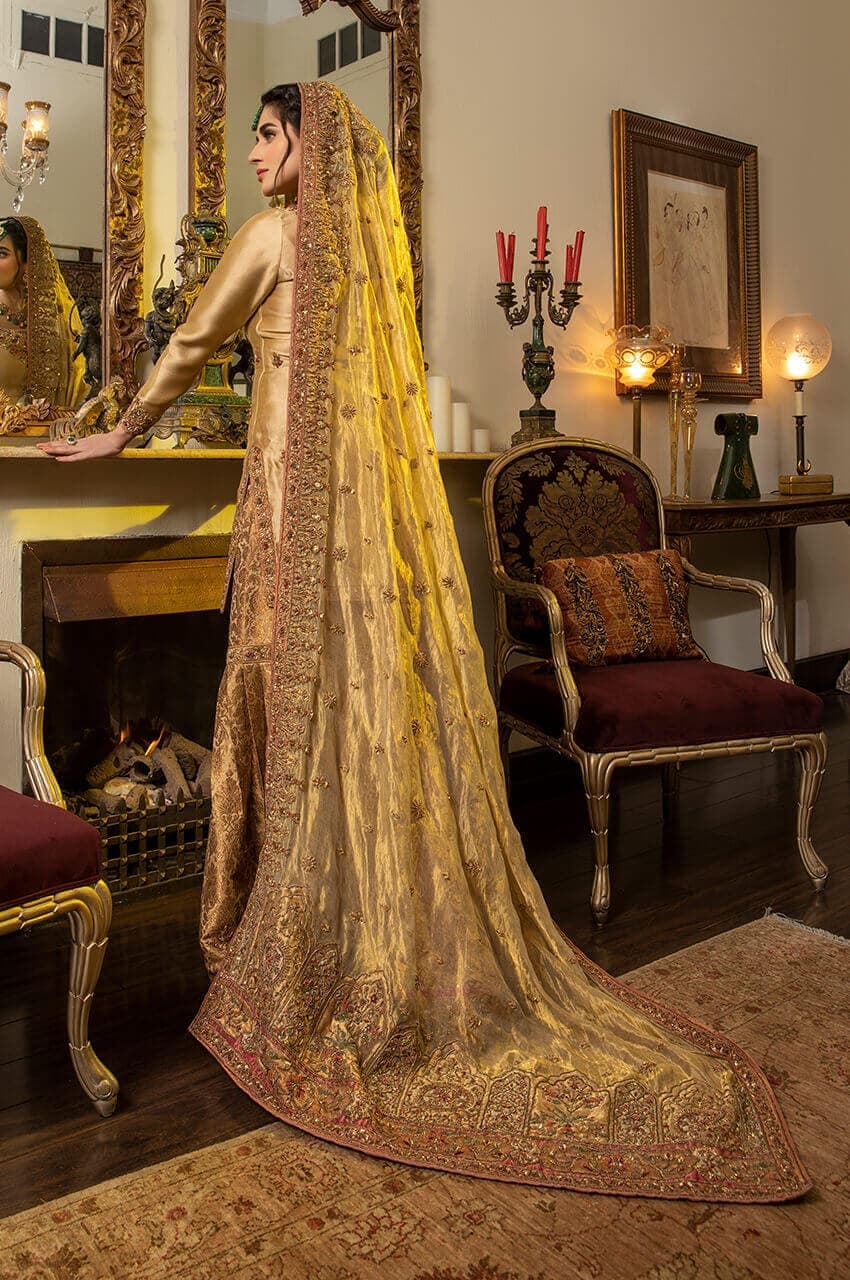 Pakistani Rust Gold Zardozi Khimkhaab Gharara (3-Piece) - Image 5