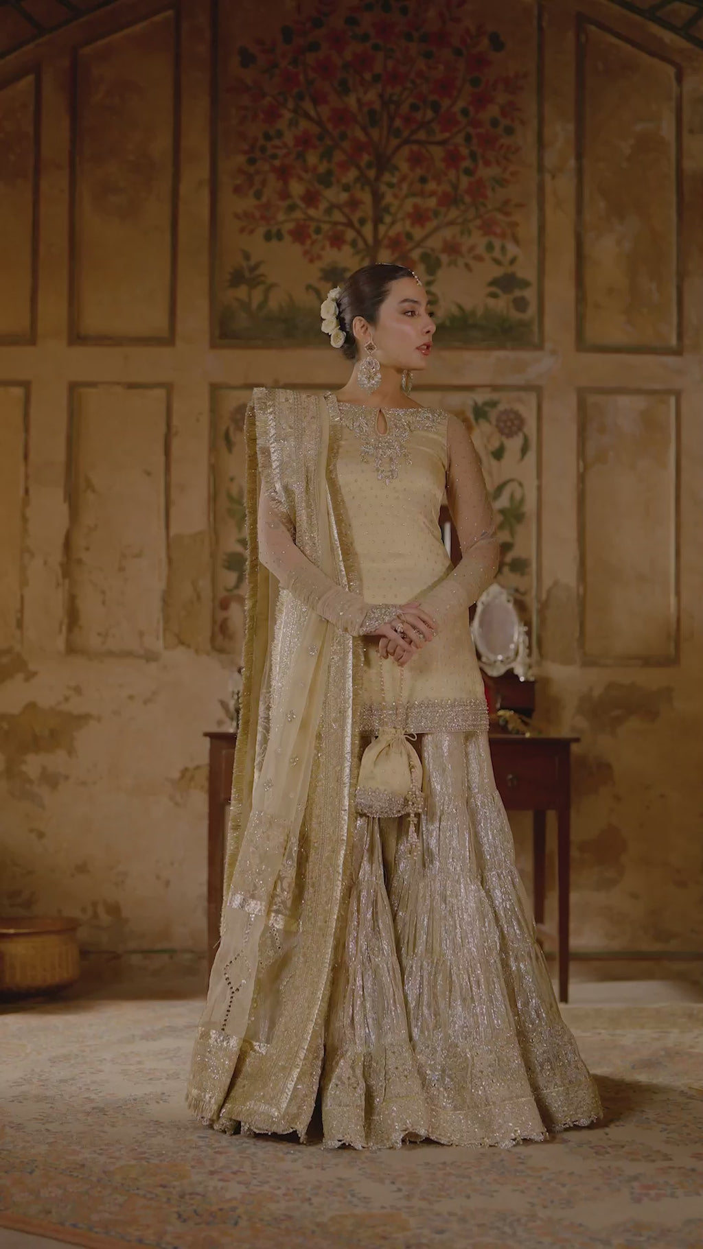 Pakistani Gold Kundan Zari Net Gharara Set (3-Piece) - Image 7