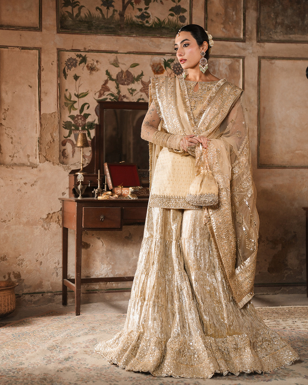 Pakistani Gold Embroidered Kundan Zari Gharara (3-Piece) - Image 3